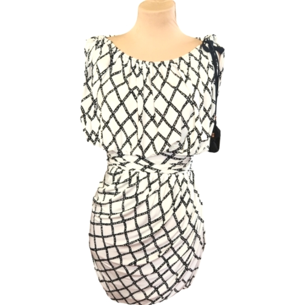 TRACY REESE Black & White Geometric Blouson Mini Dress - Size S - Picture 2 of 11